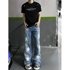 美式星星印花牛仔长裤男款夏季潮牌水洗磨破做旧裤复古高街阔腿裤，男装休闲裤，星座601-1