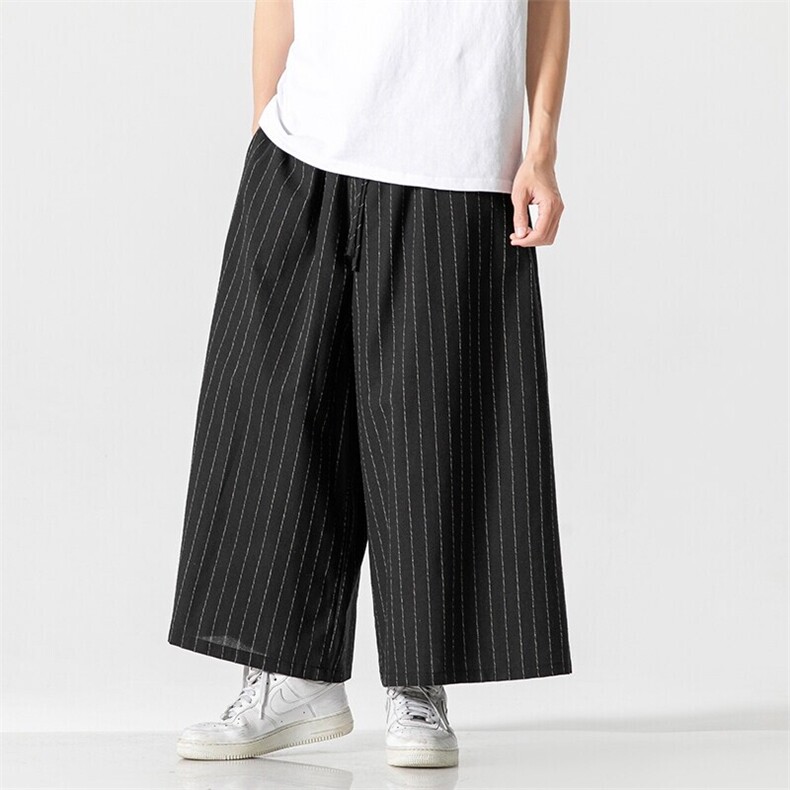 夏大码日系休闲裤条纹直筒阔腿裤棉麻裤风裙裤暗黑K333/P70,男装休闲裤,钱塘713