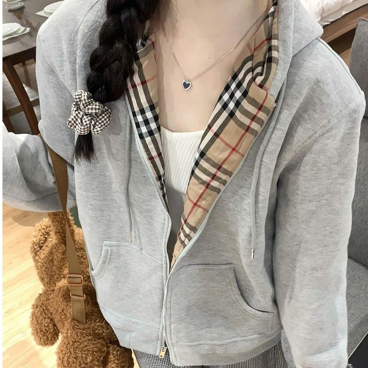 5339-P50原版做工食毛华棉复合格纹连帽卫衣薄款/加绒,女装卫衣/绒衫,星座617A-2