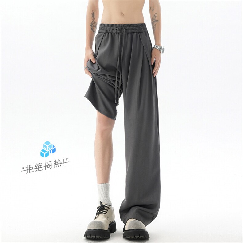 褶皱拼接冰丝速干西裤男夏季潮牌垂坠感cleanfit宽松阔腿休闲裤子,男装休闲裤,电商A102