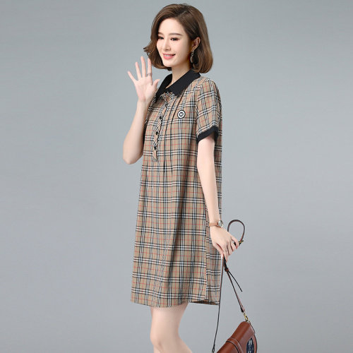 格子连衣裙女2022年夏季新款衬衫裙薄款显瘦甜美中年妈妈休闲裙子,女装连衣裙,涵誉