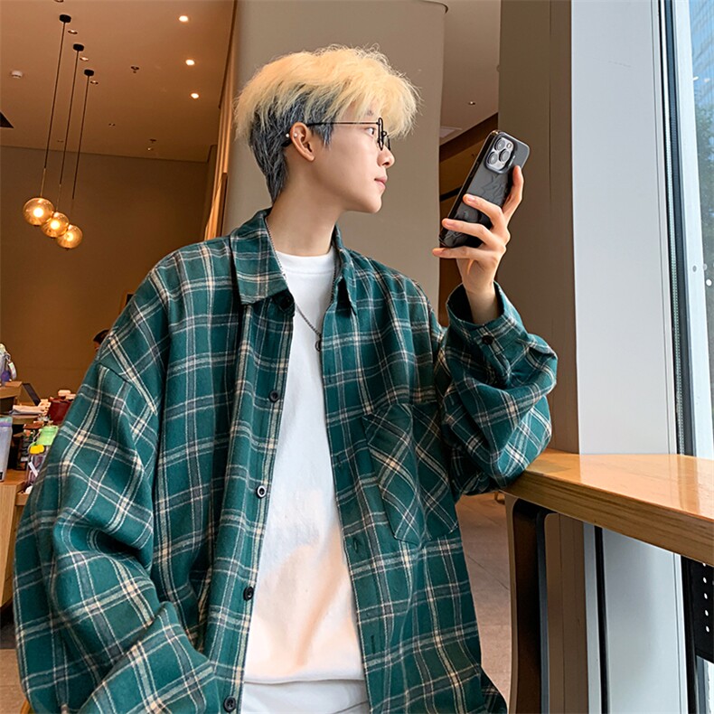 衬衫男春季新款港风宽松大码磨毛格子长袖衬衣CS550-P38，男装衬衫，星座214-3