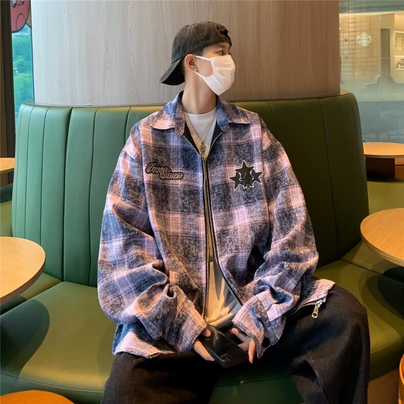 夹克男韩版潮流高街帅格子拼色2024冬季新款ins宽松外套W9284-P68,男装夹克,星座1109-3