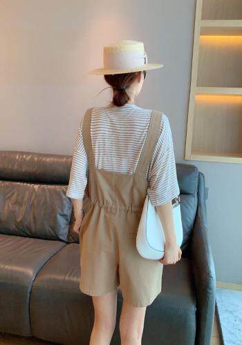 夏季休闲条纹背带短裤，女装，水锦红