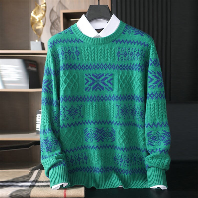 时尚男士双股羊毛提花毛衣英伦风浮线设计舒适保暖经典圆领，男装羊绒套衫，台绒羊绒