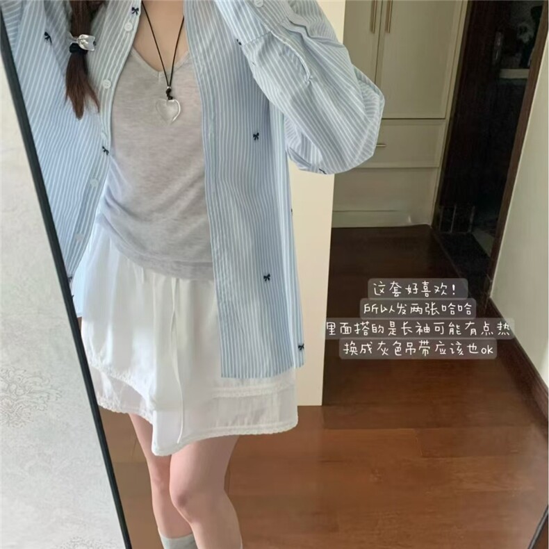蓝白条纹蝴蝶结刺绣长袖衬衫女早秋中长款独特超好看防晒衬衣上衣,男装防晒衣,星座1210-1