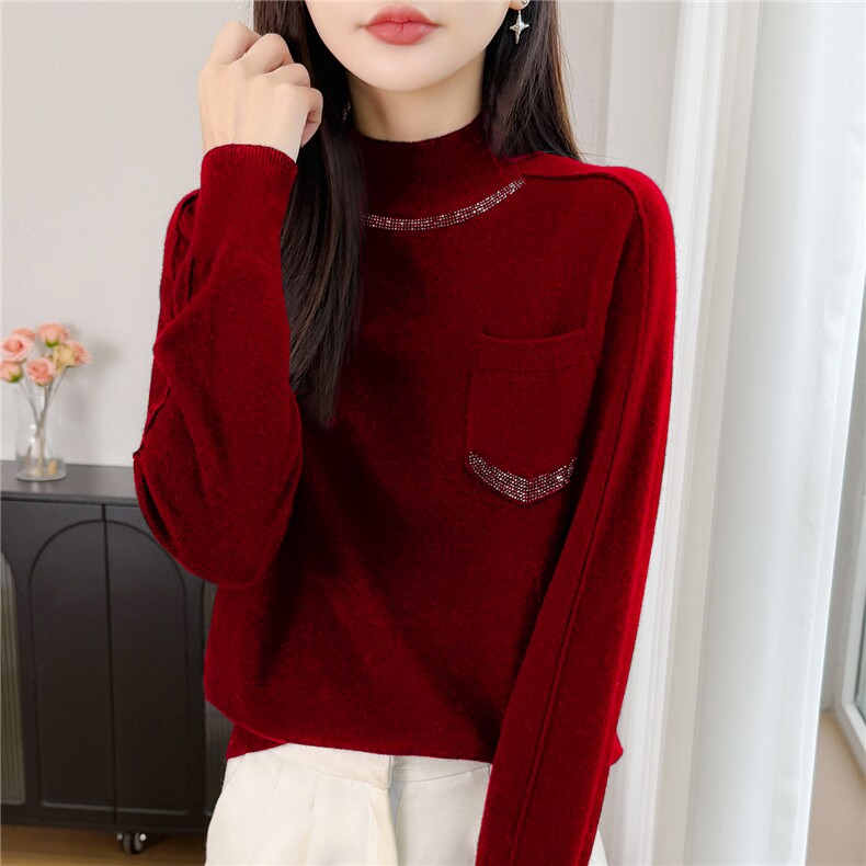 2026年秋季时尚百搭通勤简约休闲插肩袖烫钻半高领，女装针织衫/毛衣，佳绒包芯纱店