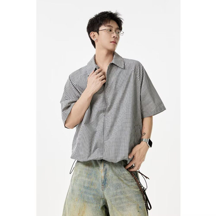 夏季新款青少年格纹短袖衬衫美式高街潮五分袖T恤情侣款短袖衬衫，男装T恤，星座302B-2