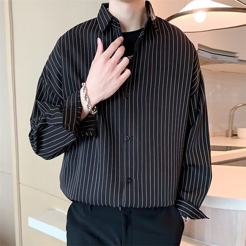 条纹衬衫外套男春秋季潮牌休闲衣服短袖潮流男士长袖黑衬衣C303,男装衬衫,星座1116A-2（原606A-1）