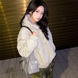 潮美式复古棉服女2025新款冬季黑色连帽外套女毛领加厚棉衣棉袄图片
