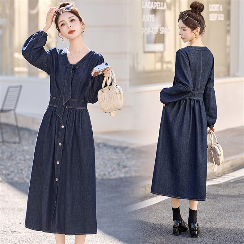 牛仔连衣裙女长款2025秋装新款韩版收腰显瘦气质减龄休闲牛仔裙，女装连衣裙，流量+