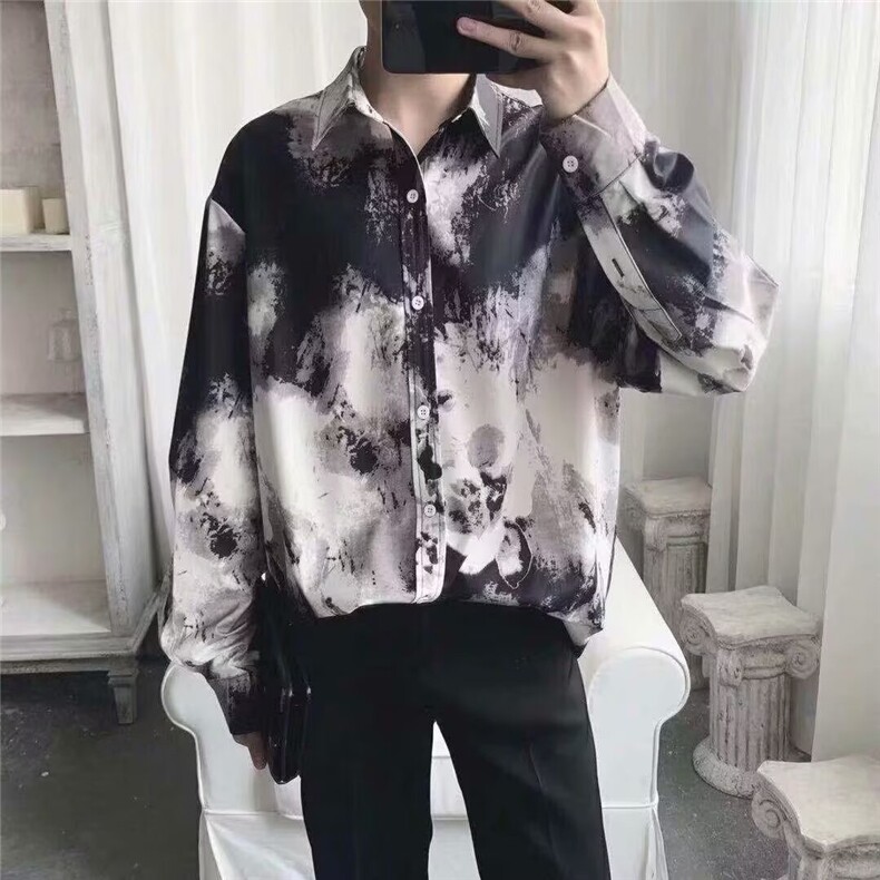 359-P26很仙的花衬衫潮男穿搭水墨扎染长袖上衣,男装衬衫,电商B323A