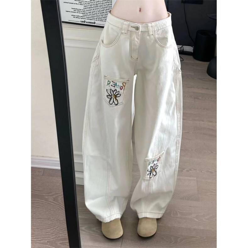 白色刺绣阔腿喇叭牛仔裤女士2025秋季新款宽松弹力不贴腿拖地裤子,男装牛仔裤,星座506A