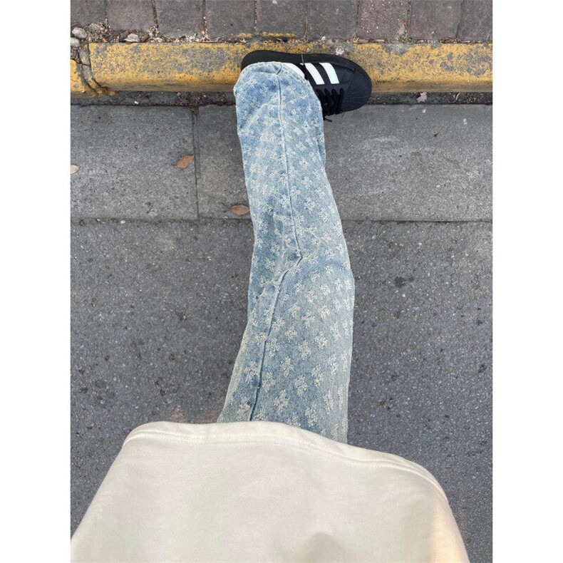 美式高街水洗牛仔裤男春秋季潮牌提花修身显瘦cleanfit微喇长裤子,男装休闲裤,星座313A(原308A-2)