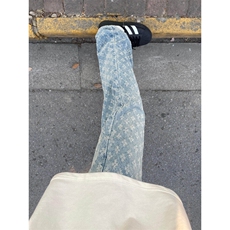美式高街水洗牛仔裤男春秋季潮牌提花修身显瘦cleanfit微喇长裤子，男装休闲裤，星座313A(原308A-2)