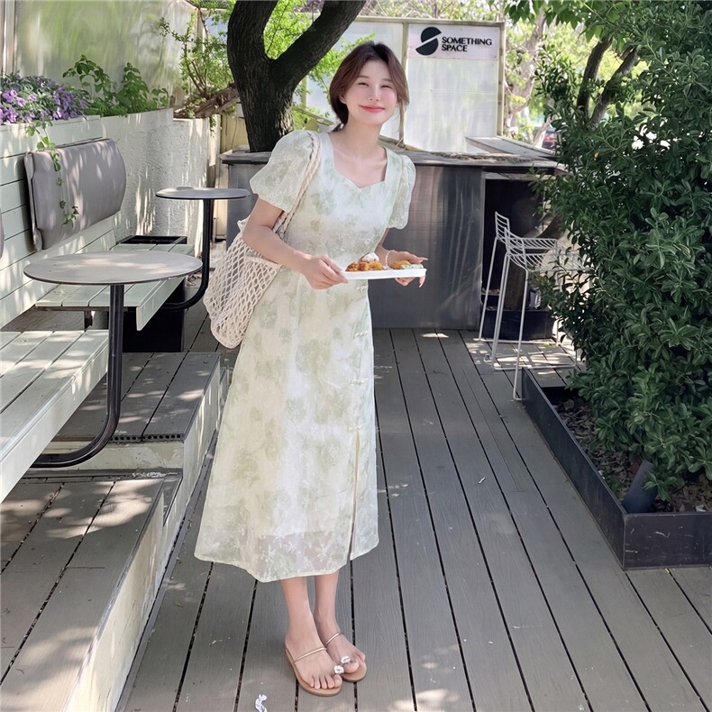 新中式给g风盘扣印花收腰连衣裙,女装连衣裙,采品优优