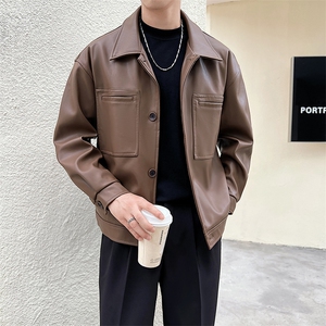 社会小伙秋季新款轻熟夹克免洗pu皮皮衣翻领外套男 PY110-P110图片