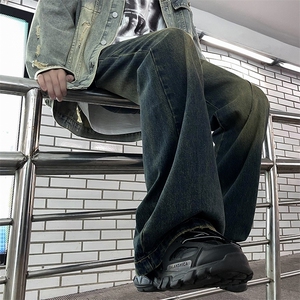 港风秋款男牛仔裤染印花渐变色直筒宽松长裤NK862 P45图片