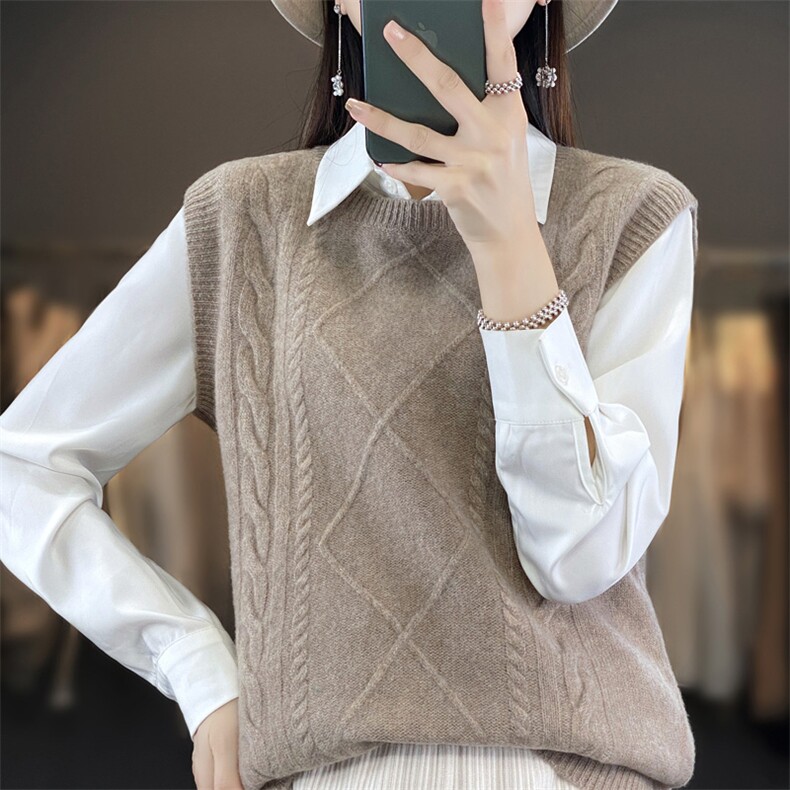 2025年夏季宽松型套头单件短袖圆领女士羊毛衫背心纯色,女装羊毛衫,春贝羊绒