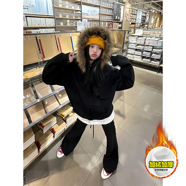 480G重磅加绒硬挺boxy秋冬美式高街超大毛领座山雕连帽卫衣厚外套，女装短外套，电商A486