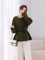 休闲复古中长款PU皮外套圆领腰带收到风衣外套，女装皮衣，鑫源服饰