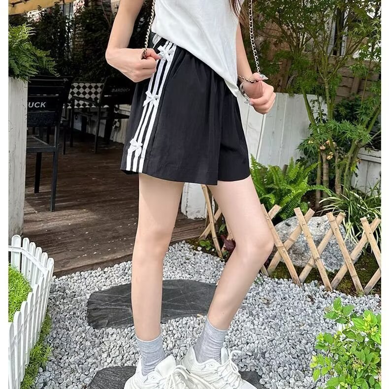 学生蝴蝶结运动短裤女2025年夏季薄款外穿速干阔腿休闲条纹五分裤,男装牛仔裤,星座1210-1