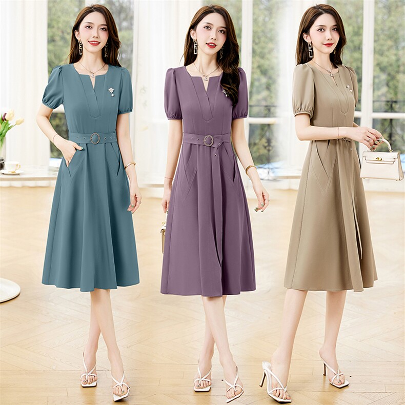 2023年夏季时尚收腰显瘦气质中长款连衣裙，女装连衣裙，鑫鑫美
