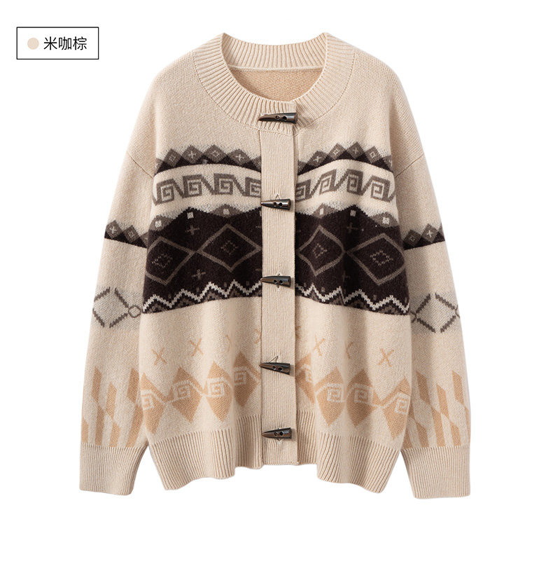 480克~重工复古牛角扣山羊绒开衫费尔岛提花毛衣外套2025秋冬宽松，女装针织衫/毛衣，艾森羊绒