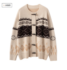 480克~重工复古牛角扣山羊绒开衫费尔岛提花毛衣外套2025秋冬宽松，女装针织衫/毛衣，艾森羊绒