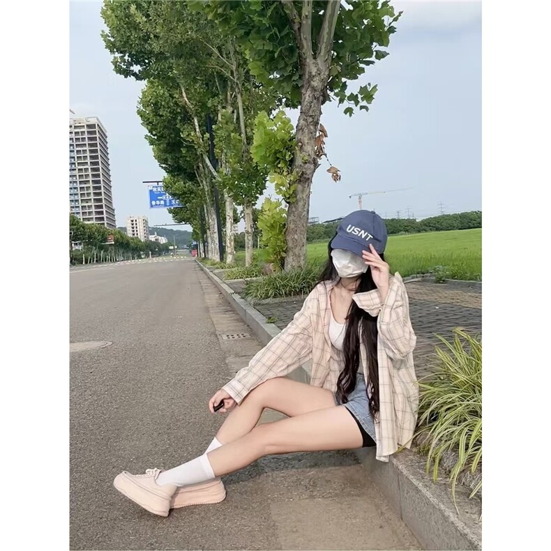 纯棉格子长袖衬衫女宽松早秋新款韩系少女开衫衬衣防晒春夏外套,男装防晒衣,星座506A