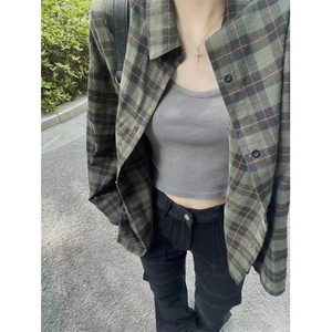 复古绿色格子衬衫女秋冬季宽松风中长款衬衣外套开衫外搭 CA206图片