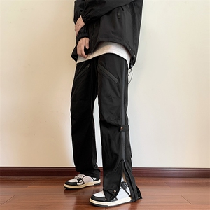 港风秋款男休闲裤工装织带侧边开叉拉链冲锋裤长裤h907 P45图片