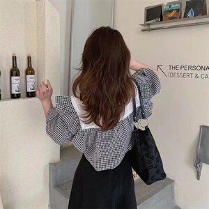 韩版格子短袖图片