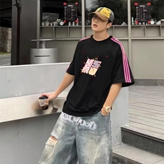 抖音得物品质二开240克宽松纯棉美式潮牌印花三条杠中性风短袖T恤，男装T恤，电商A486