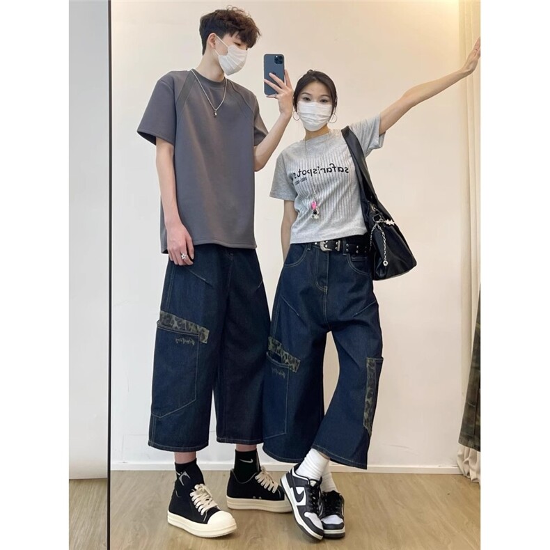 美式街头豹纹牛仔七分裤男女2025夏季宽松阔腿弯刀裤DA6130-P50,男装牛仔裤,星座208-5