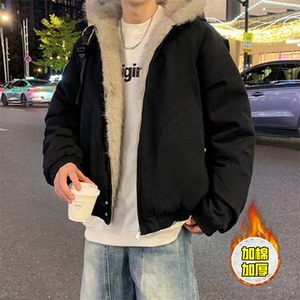 现货高品质美式高街冬季重磅硬挺短款座山雕毛领棉衣男女加厚外套图片