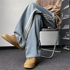 美式高街牛仔裤男三条杠拼色阔腿2024冬季ins直筒长裤RK1305-P43，男装牛仔裤，星座412-3