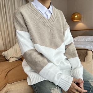 W294-P50 秋冬款男女装针织衫V领拼接撞色长袖百搭宽松图片