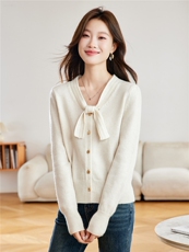 气质蝴蝶结V领针织开衫女秋冬2025新款宽松百搭显瘦毛衣外套上衣，女装羊毛衫，艾米