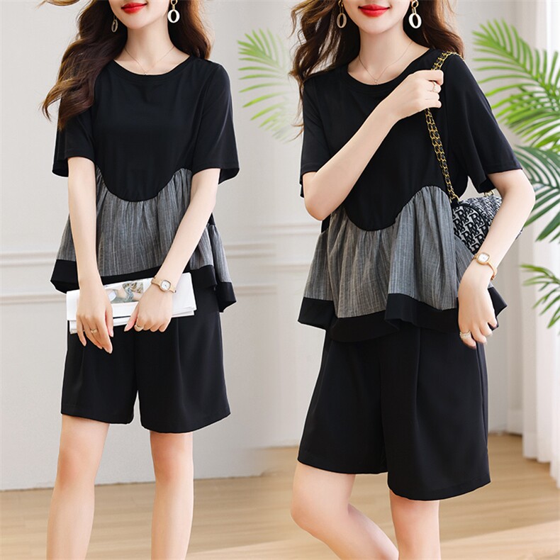 现货2023夏季新款圆领拼色宽松时尚显瘦套装两件套，女装套装/套裙，深水步