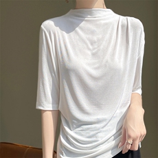 软糯五分袖打底衫女上衣精纺羊毛薄款半高领宽松针织半袖毛衣春秋，女装T恤，凯思米羊绒