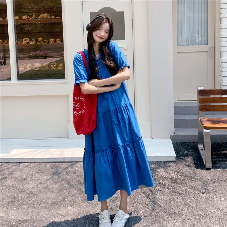 韩版学院风泡泡袖连衣裙女2025夏季新款层次感拼接甜美显瘦长裙子,女装连衣裙,2C201