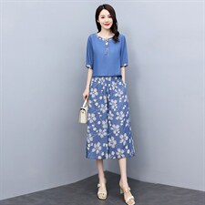 天丝牛仔套装女夏装2024年新款时尚女装休闲气质印花阔腿裤两件套，女装套装/套裙，魅影