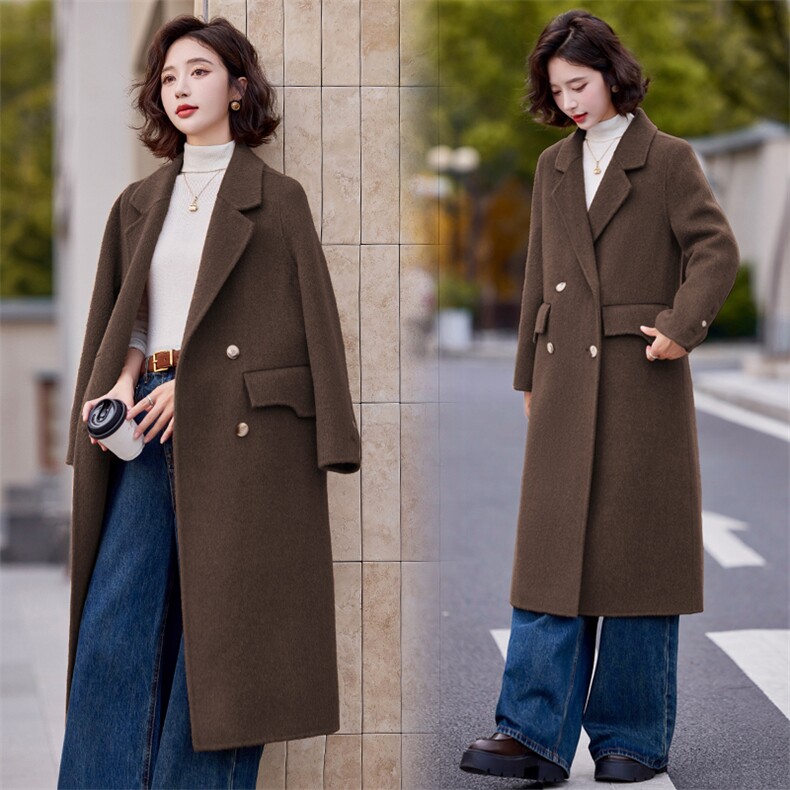 24新款秋冬中长款女时尚气质骆马绒潮流专柜品质双面羊毛大衣外套，女装双面呢大衣，小荷流