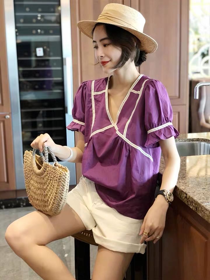 2021欧洲站休闲紫色套装短裤高腰夏女时尚宽松洋气两件套短袖上衣,女装蕾丝衫/雪纺衫,潮品会
