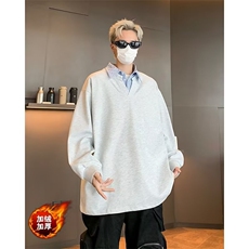假两件拼接翻领加绒卫衣男秋季潮牌宽松情侣休闲套头上衣WY104A，男装卫衣，星座516A
