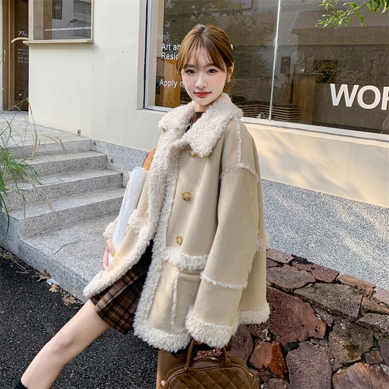 超好看蓝色皮毛一体羊羔毛外套女2024冬季新款机车服爆款加绒棉衣图片