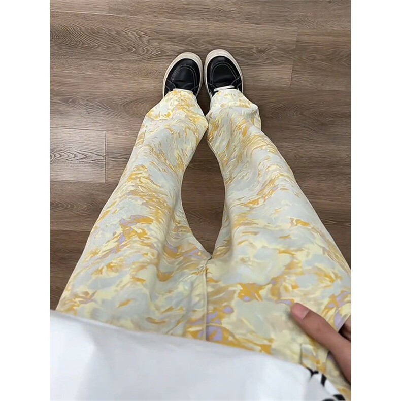 提花满印微喇牛仔裤男美式高街窄版修身显瘦直筒阔腿裤子K87图片