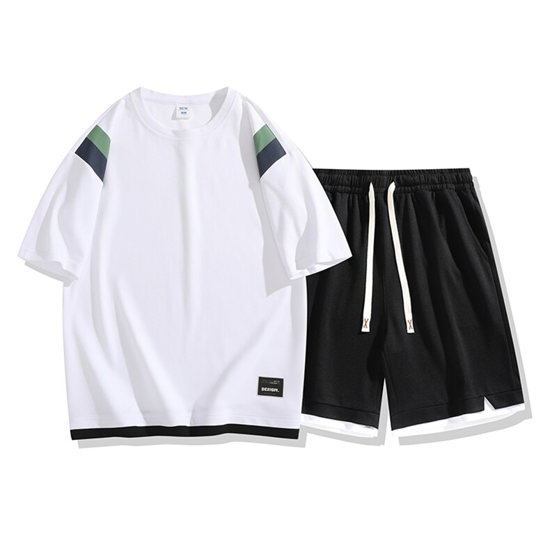 夏季运动套装日系白底休闲百搭时尚短套装CK2410+TC3157-P54控89,男装休闲套装,星座717