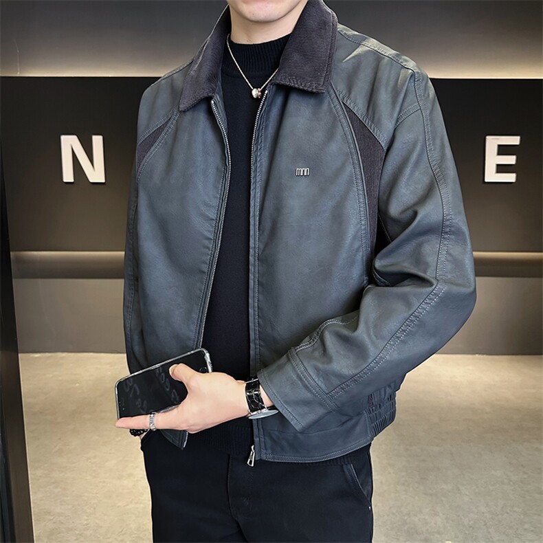 店主风秋季皮衣男装新款拼接翻领时尚皮夹克外套男B317/6801/P155图片